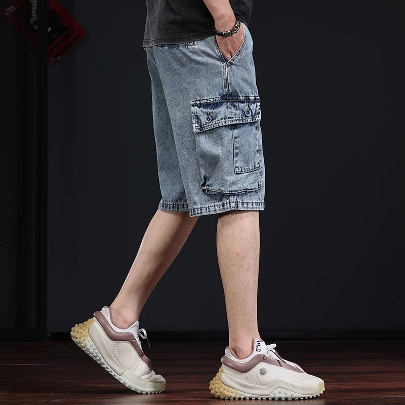 美式复古牛仔短裤男时尚潮流宽松水洗五分裤高端设计感马裤工装裤