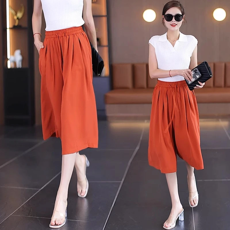 冰丝七分休闲裙裤女薄款2025夏季新款橘红色甩甩裤松紧腰阔腿裤子