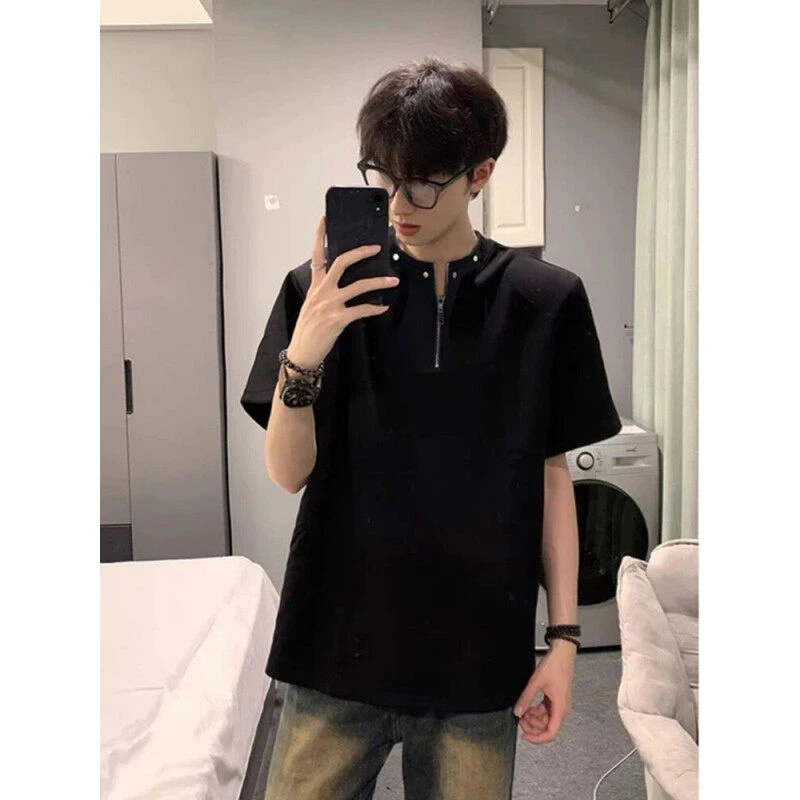 美式复古铆钉半拉链垫肩短袖t恤男款夏季oversize潮牌痞帅五分袖