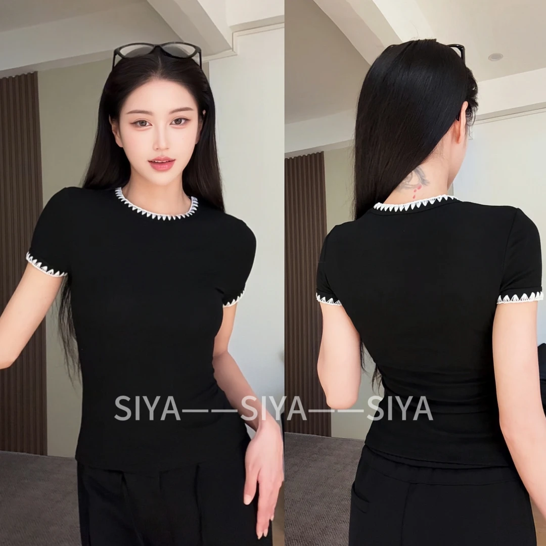 【SIYA】撞色刺绣圆领正肩短袖t恤女夏季设计感小众修身短款上衣