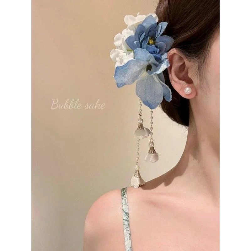 蓝调芳华~古风蓝色花朵流苏发夹女新中式旗袍侧边夹超仙度假发饰