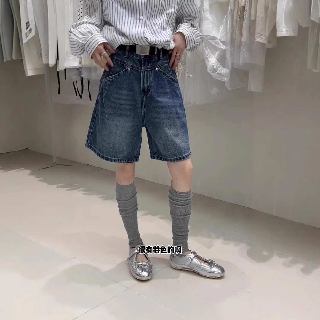 复古蓝牛仔短裤女夏日时尚高腰斜三角口袋设计阔腿裤显瘦直筒中裤