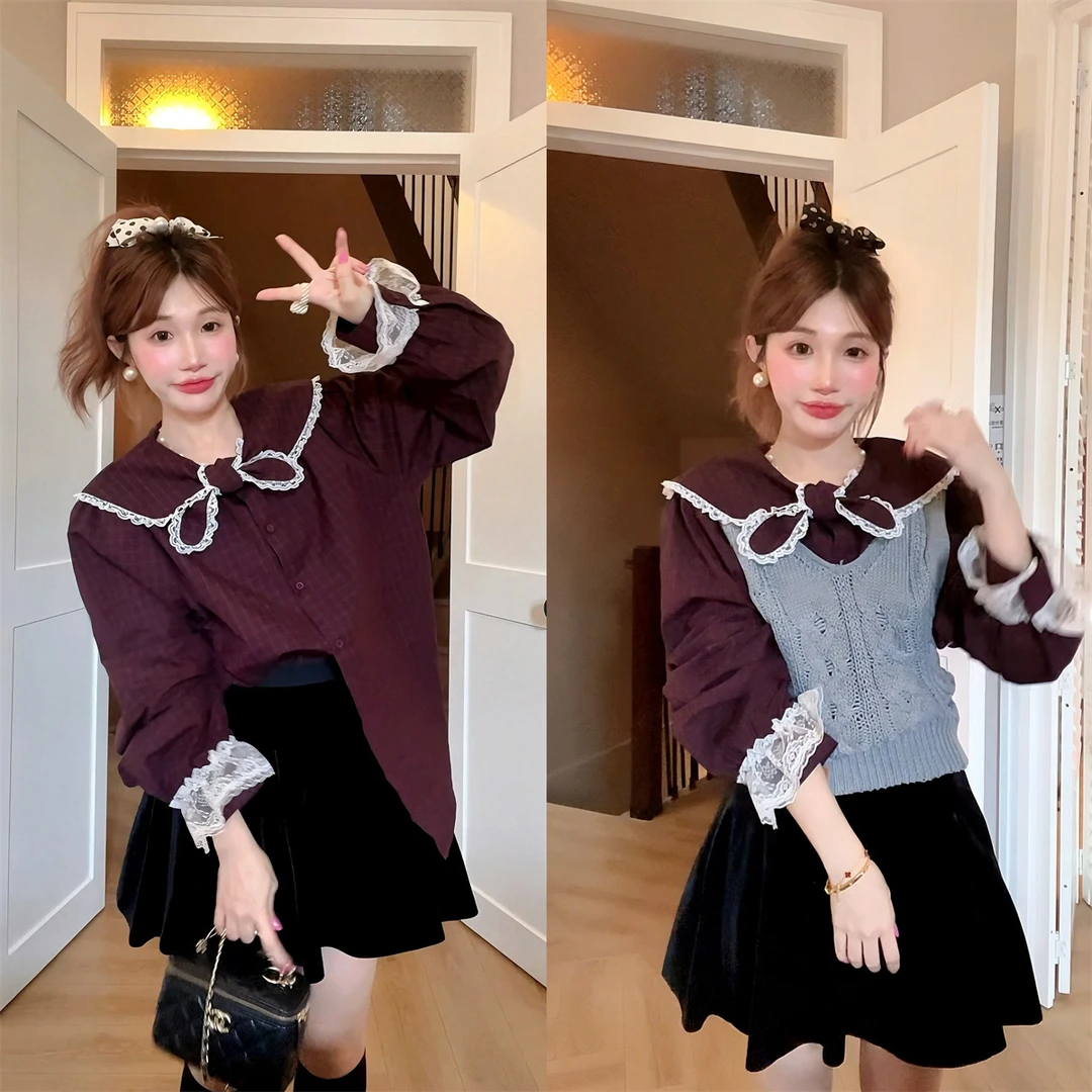 JENNIFER JXLIU韩版复古红色格子蕾丝花边系带泡泡袖宽松衬衫上衣