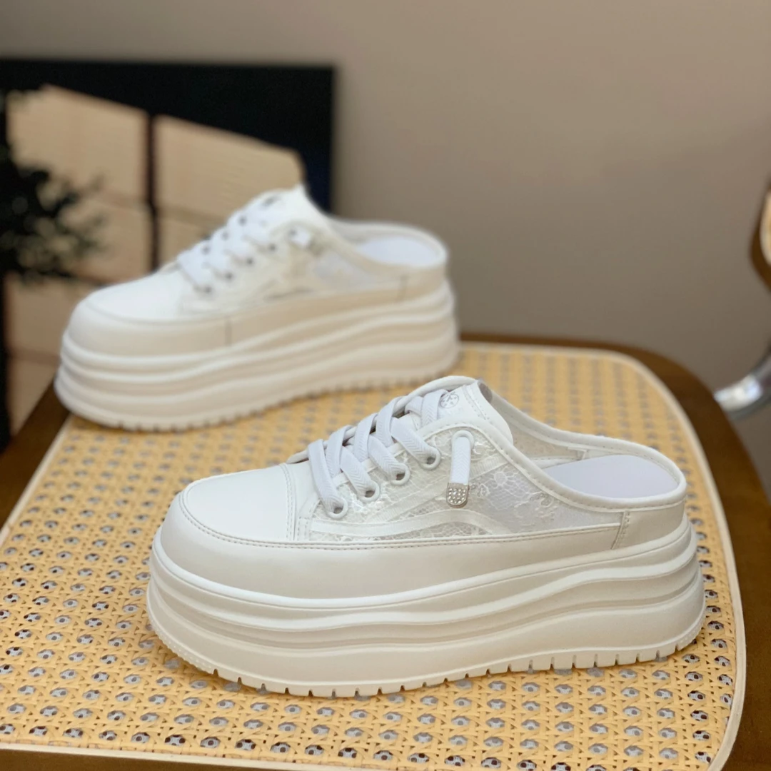 蕾丝单网透气板鞋女2025夏季新款一脚蹬松糕厚底轻便显腿长小白鞋