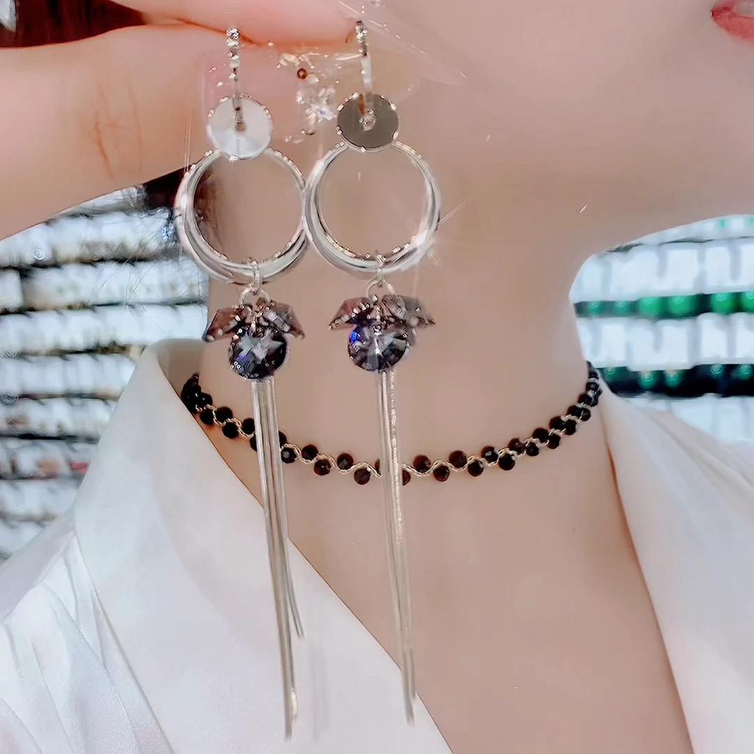 铜合金玻璃耳饰 804-精致端庄S925银针时尚潮流韩版长款耳环耳圈