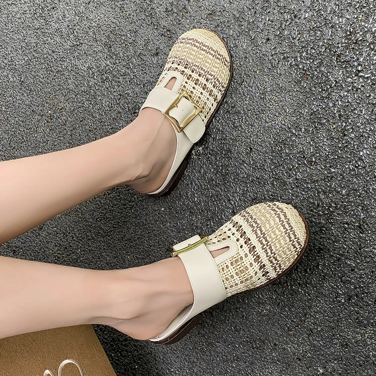 2.5cm粗跟圆头包头拖中口通勤2025新款夏季软底平底透气百搭女鞋