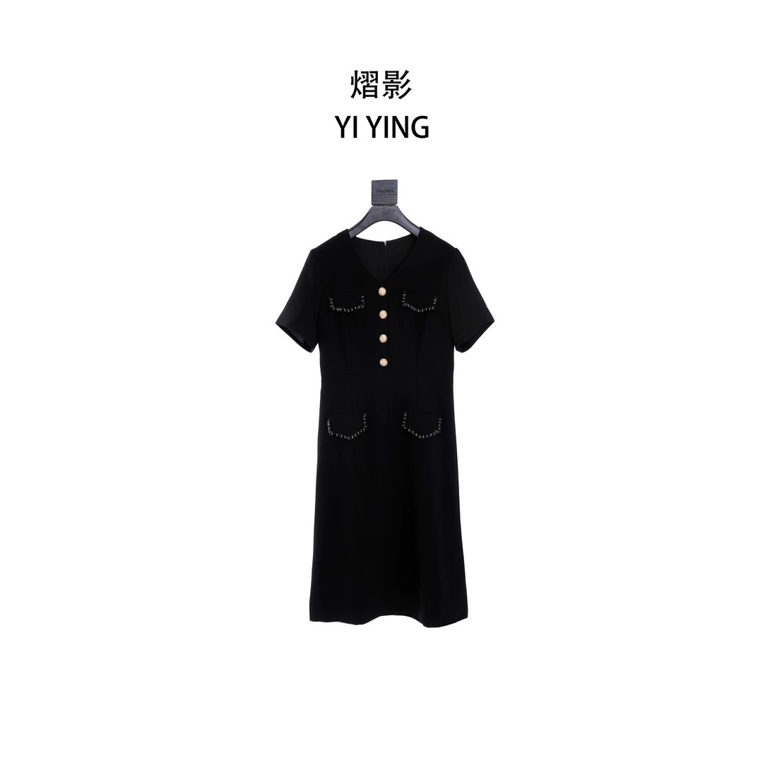 YIYING圆领欧式马甲夏季气质迷你蕾丝连衣裙春夏黑色长款裙子家长