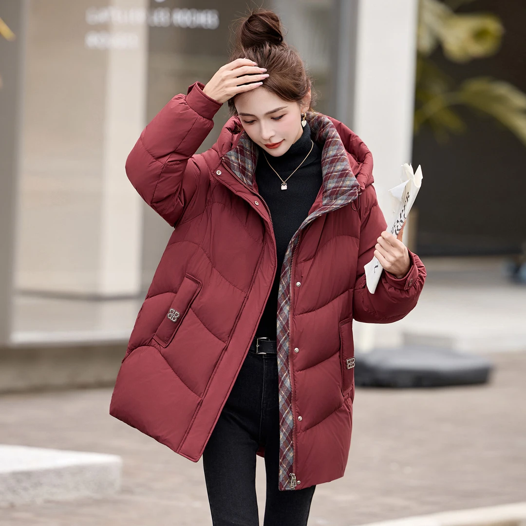 连帽常规宽松型中长款厚款白鸭绒羽绒服外套2025秋冬新款休闲加厚