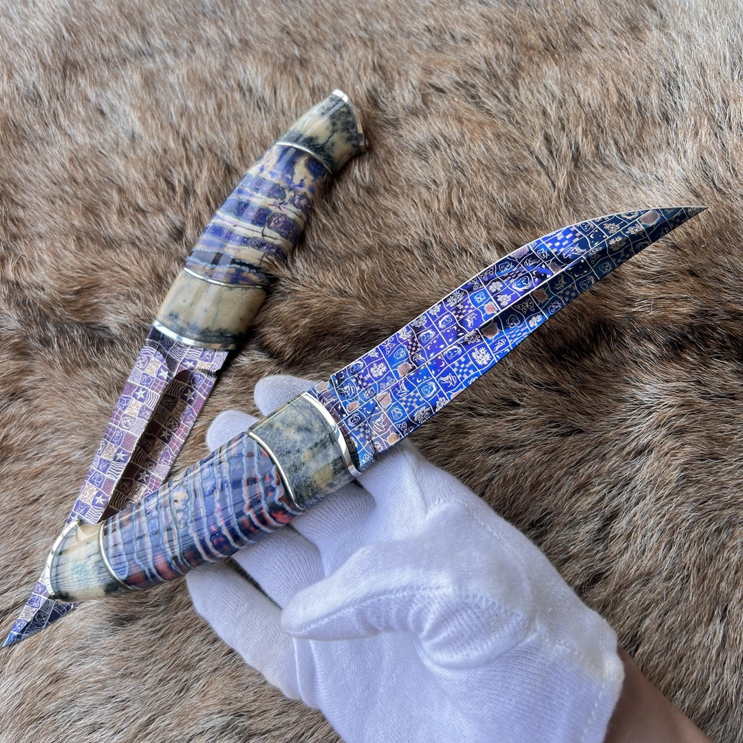 马赛克大马士革纯手工制作收藏户外把玩锋利剔骨野营露营小刀