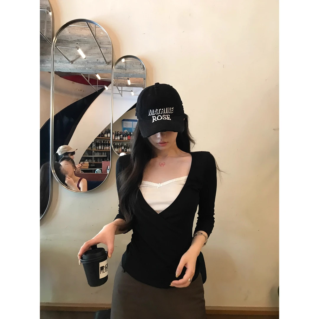 首尔初秋 撞色V领假两件t恤显瘦打底上衣