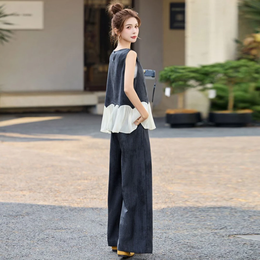 今年流行的女装套装2025爆款微胖妹妹显瘦遮肚子减龄阔腿裤两件套