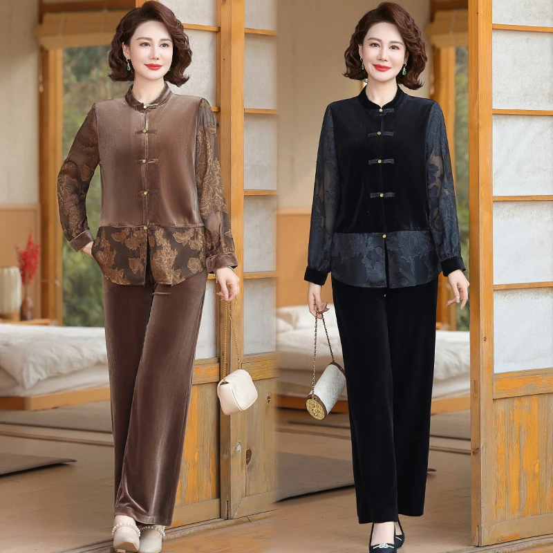 气质妈妈装新中式春季洋气显瘦金丝绒套装中老年国风小衫两件套