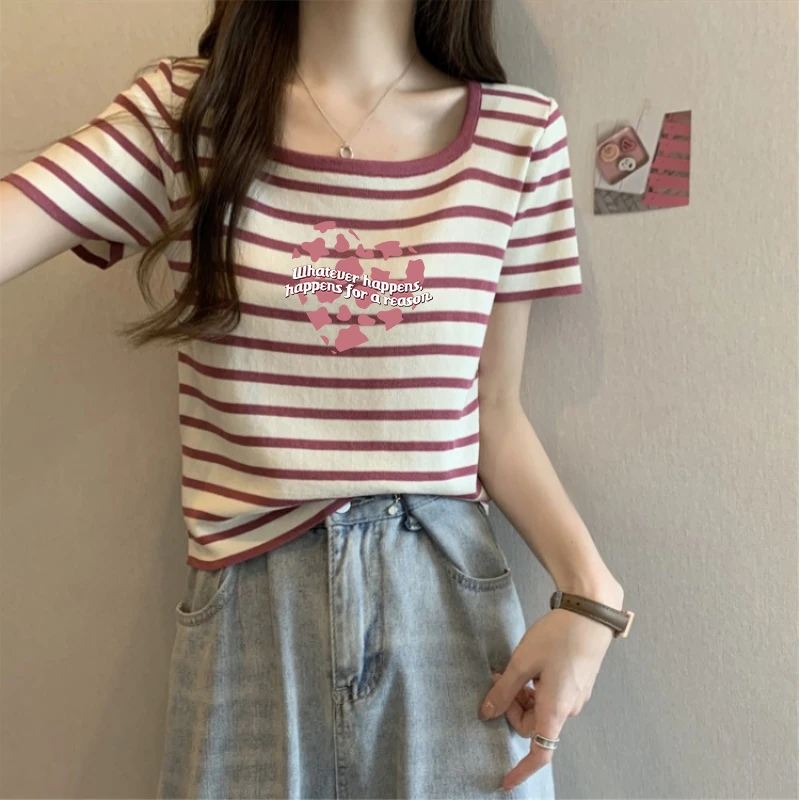 粉色条纹大码宽松短袖上衣女新款2025下摆弧形设计感大码女装T恤