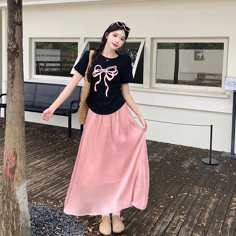 大码胖mm夏新款韩版正肩收腰印花短袖T恤高腰流光半身裙套装5962