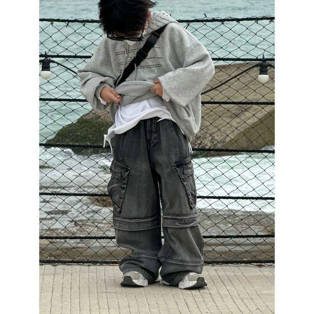 THE LUHAN 【街拍博主】直筒休闲百搭复古高街宽松做旧中大童裤2402