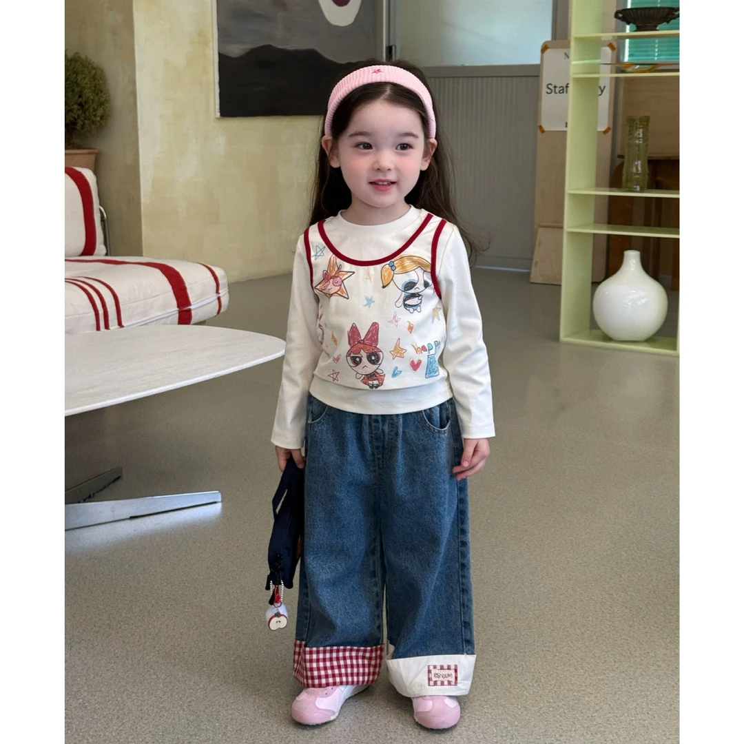 女童套装2025秋季新款儿童卡通假两件长袖上衣百搭直筒牛仔裤秋装