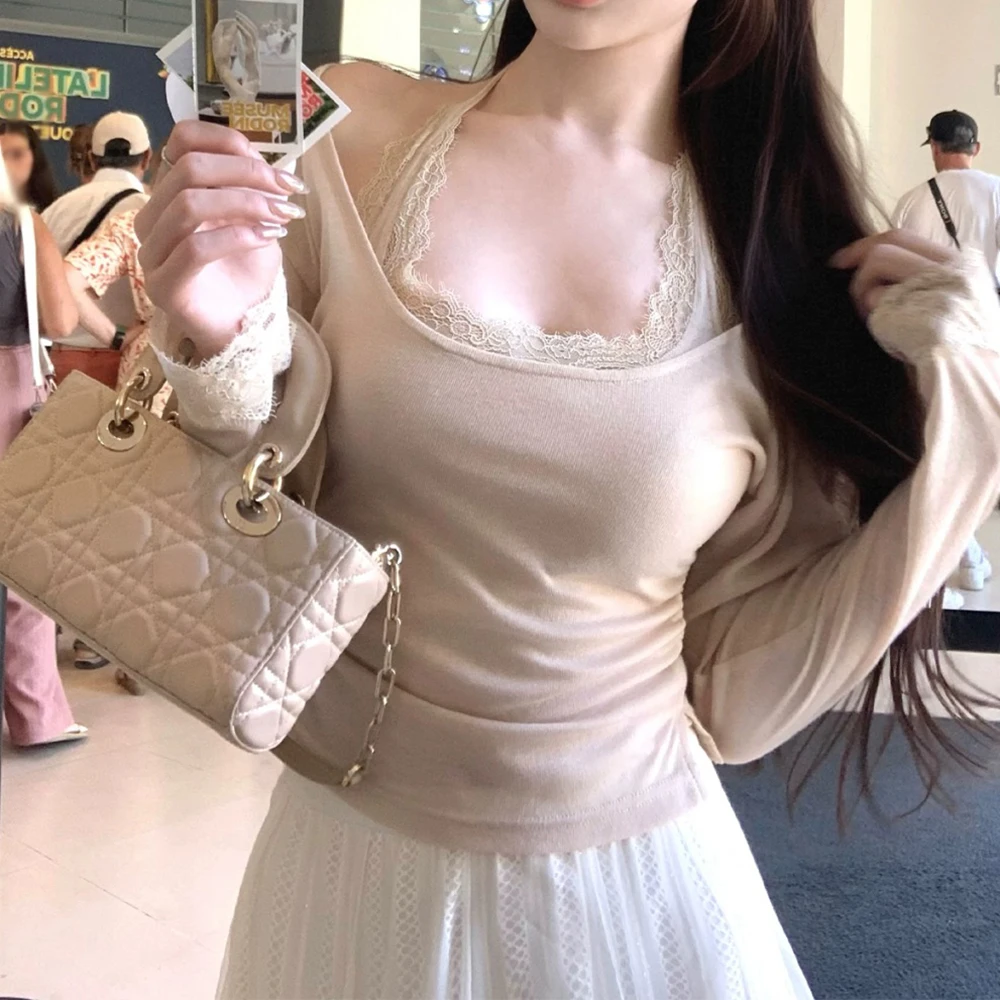 蕾丝花边挂脖吊带上衣女秋纯欲打底内搭长袖T恤温柔修身两件套