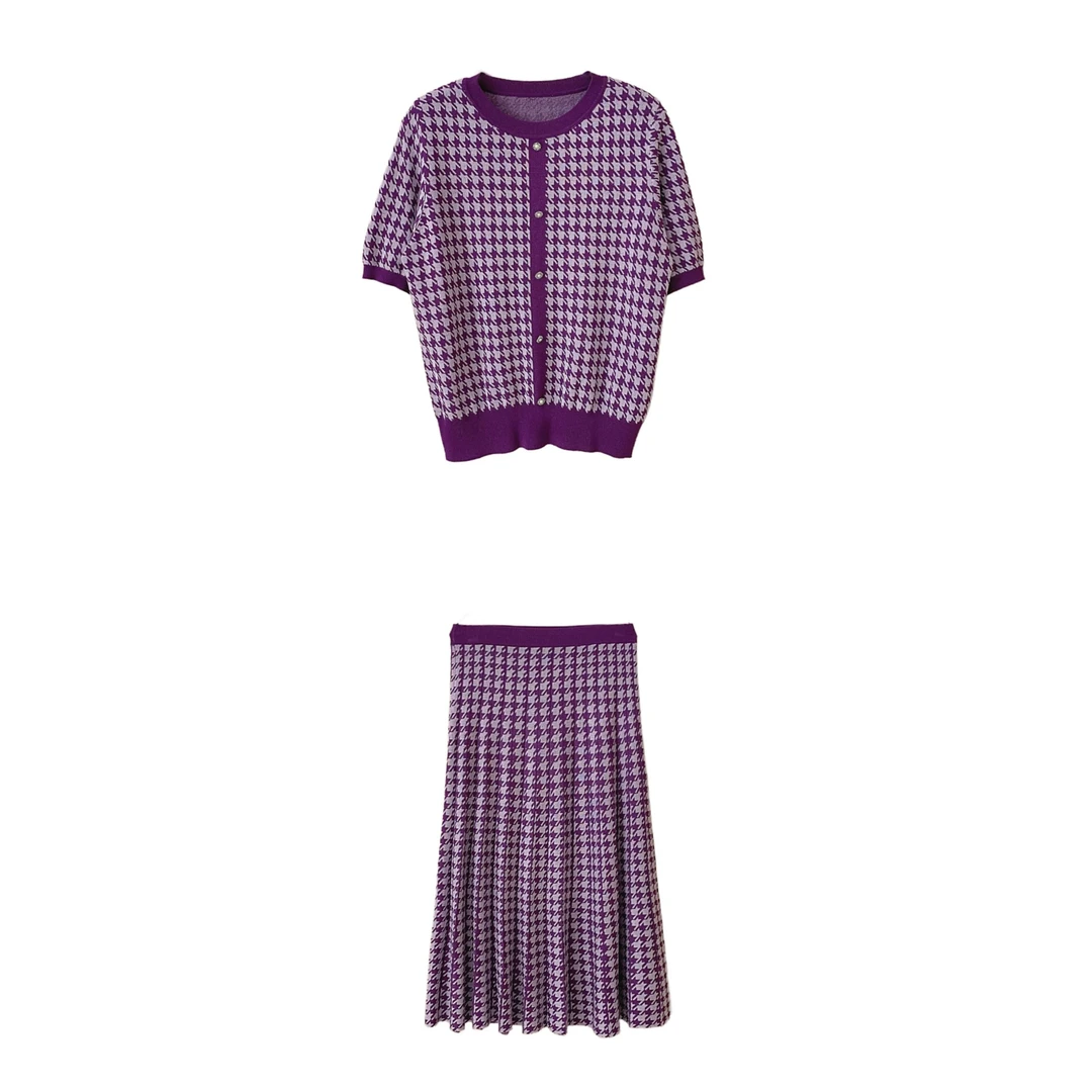 【繁花似锦】2025夏季轻薄透气短袖针织套装气质拼色千鸟格两件套