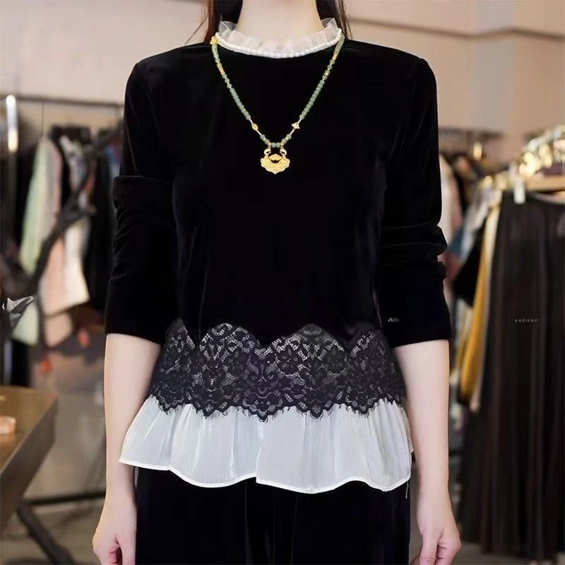 休闲风时尚百搭金丝秋季小衫黑色宽松打底衬衫气质百搭新款上衣