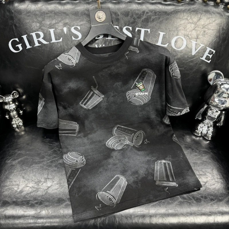 欧货时尚潮牌夏季新款汽水印花短袖T恤男圆领半袖青年流行体恤男