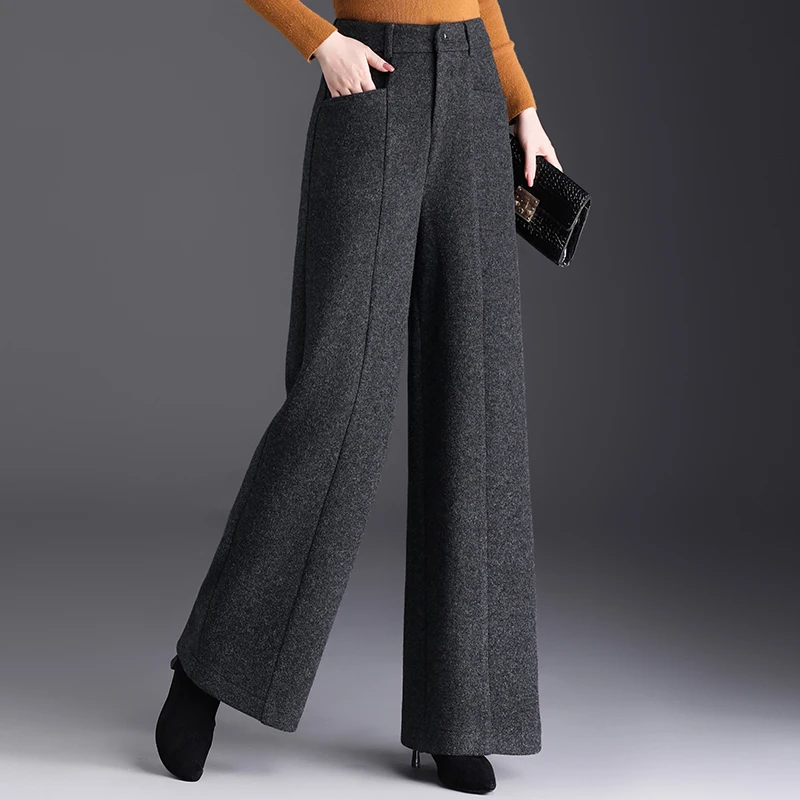 羊毛呢阔腿裤女2025年冬季加厚新款高腰休闲长裤宽松显瘦裤子