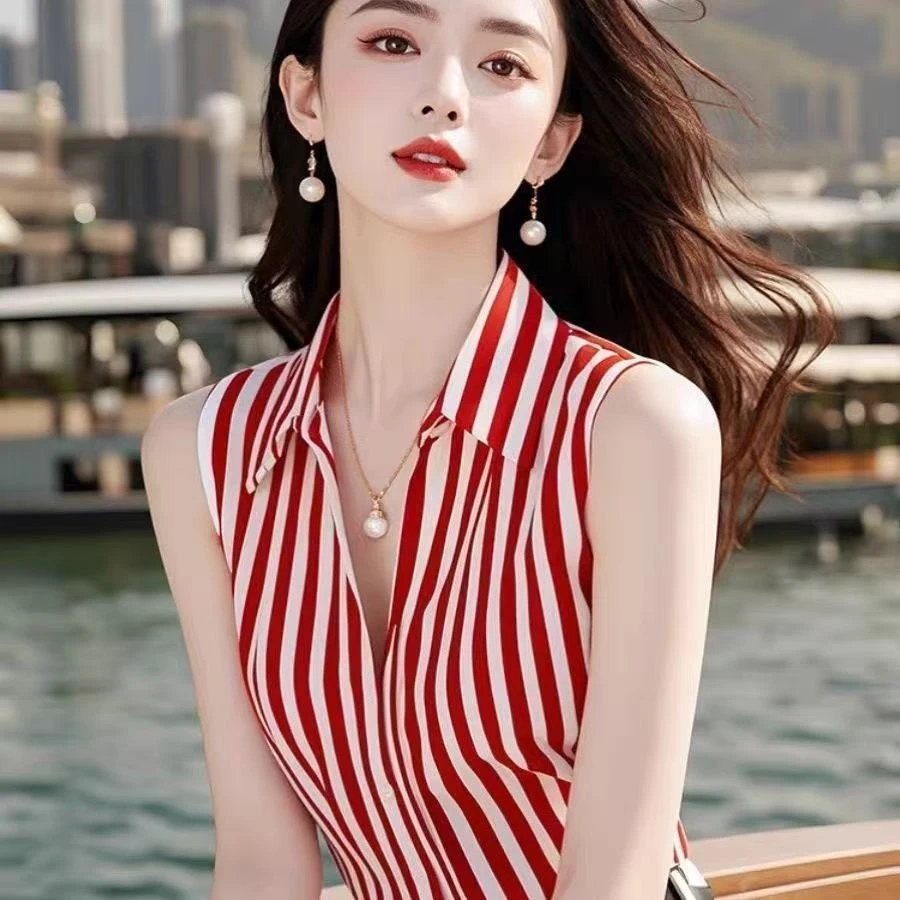夏季复古港味chic条纹背心衬衫女士设计感小众独特别致polo领上衣