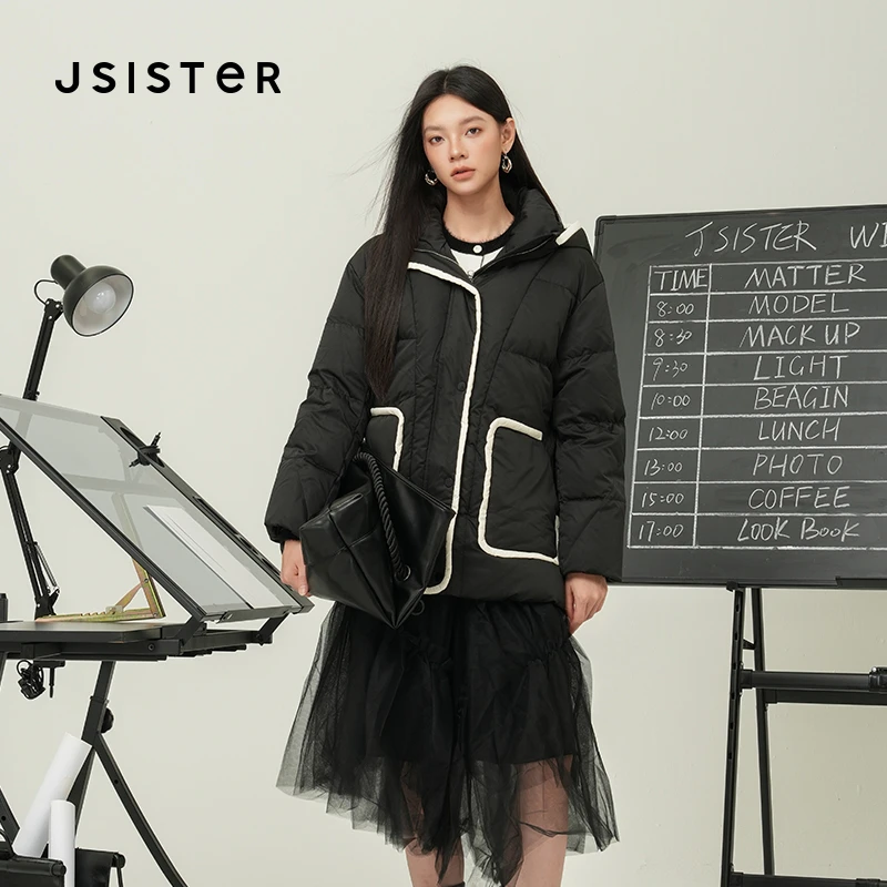 jsister 冬装新款 JS女装时尚黑色白包边连帽直筒羽绒服 外套