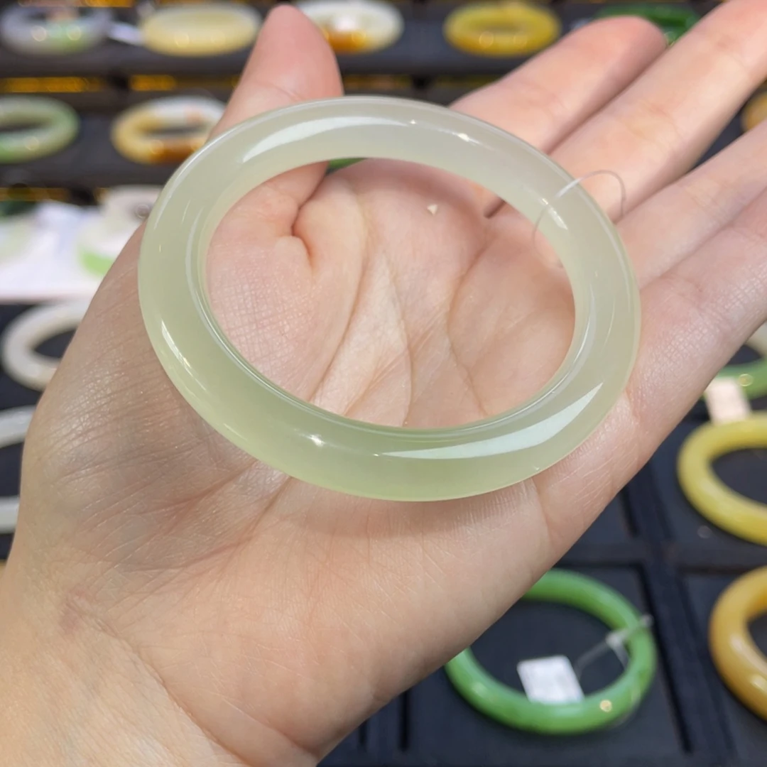 和田玉手镯未镶嵌高冰猫眼翠青手镯52