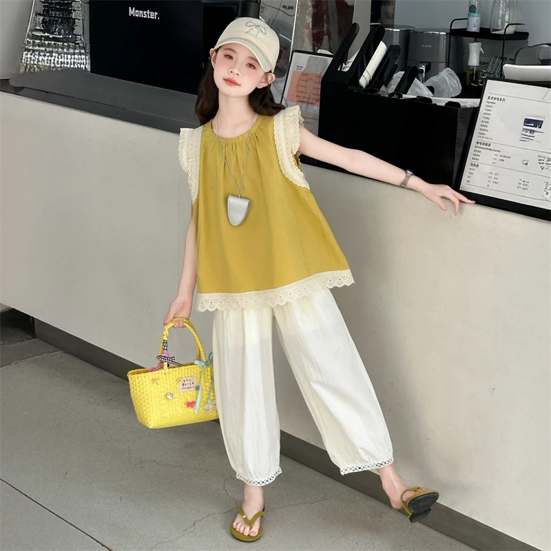 女童夏季套装2025新款休闲纯色休闲风薄款女阔腿洋气上衣夏装夏天