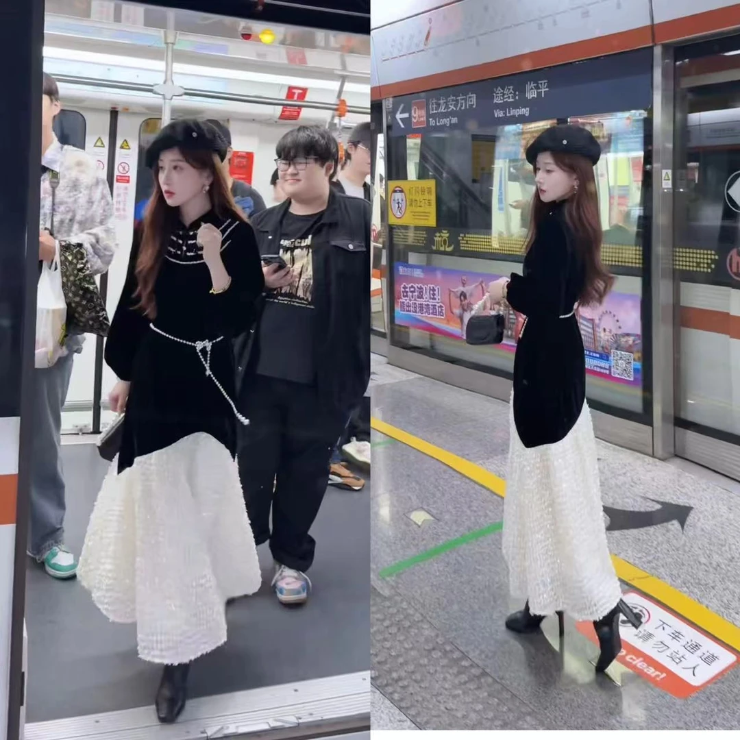 【婷婷】《墨染》定制丝绒 拼接网纱贵气连衣裙 TTZ2FQ575