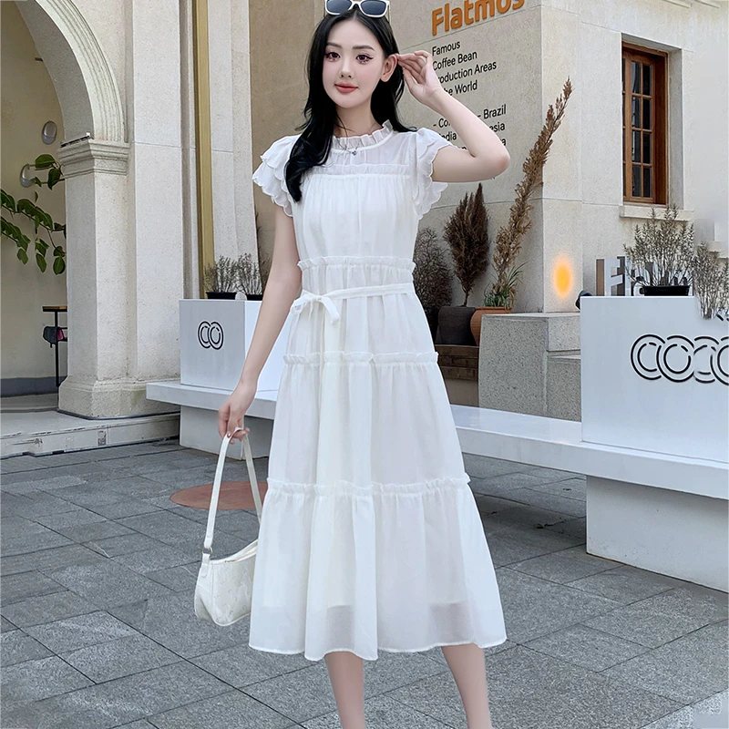 法式小飞袖木耳边白色连衣裙2025夏季新款系带气质高级感仙女长裙