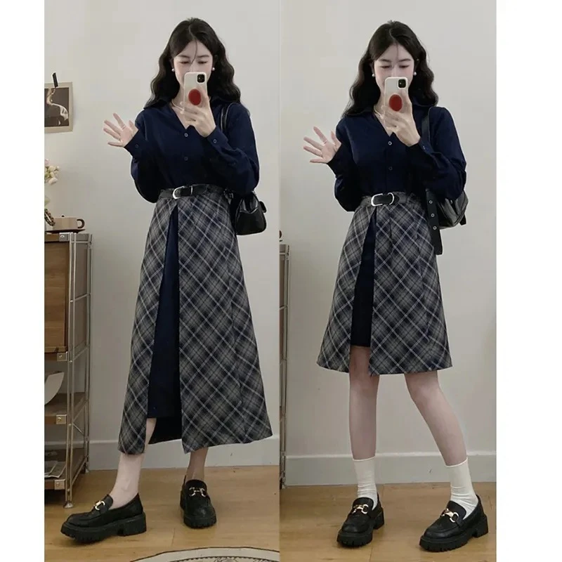 大码复古假两件长袖连衣裙女春季高级感衬衫裙胖遮肚显瘦长裙子