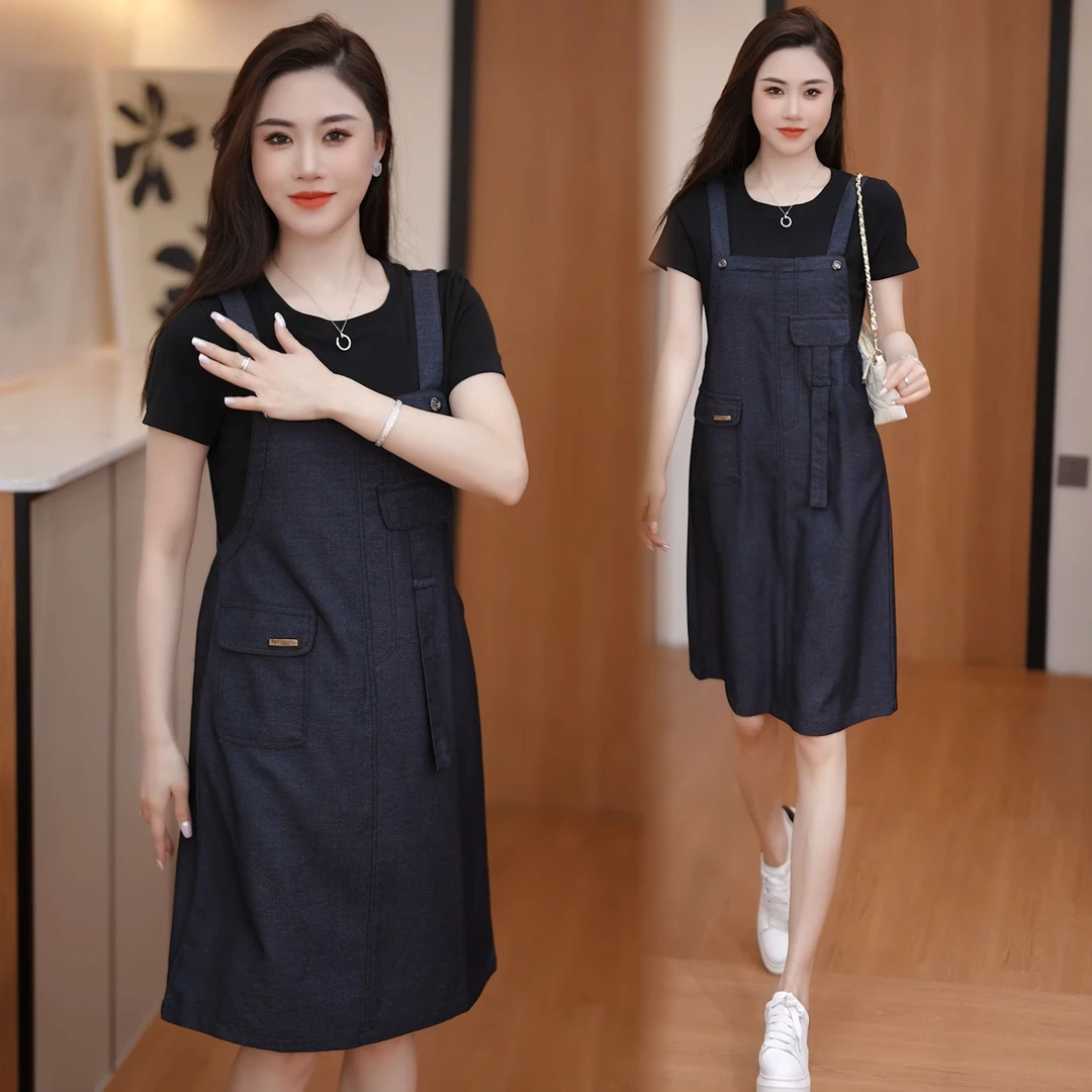 洋气减龄牛仔裙背带裙女2025夏季新款宽松显瘦套装假两件连衣裙子