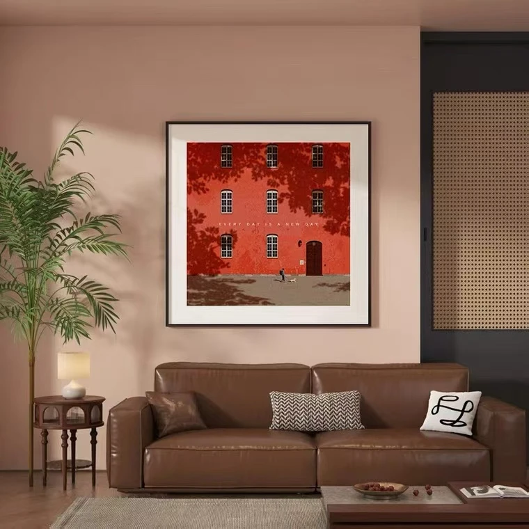 童话小镇-现代极简装饰画小众艺术红色建筑客厅卧室挂画餐厅壁画