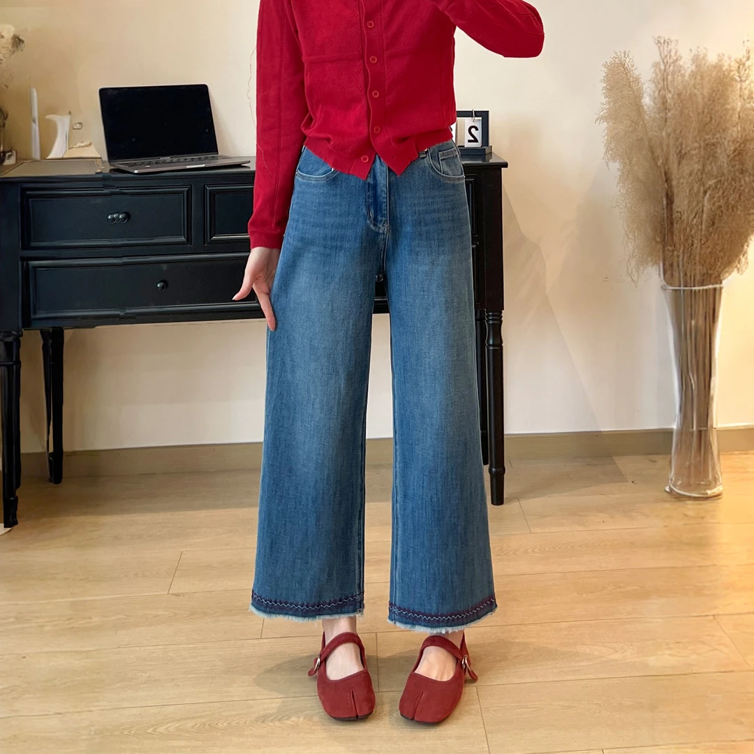 小个子刺绣毛边直筒牛仔裤女早秋新款大码胖mm宽松显瘦九分阔腿裤