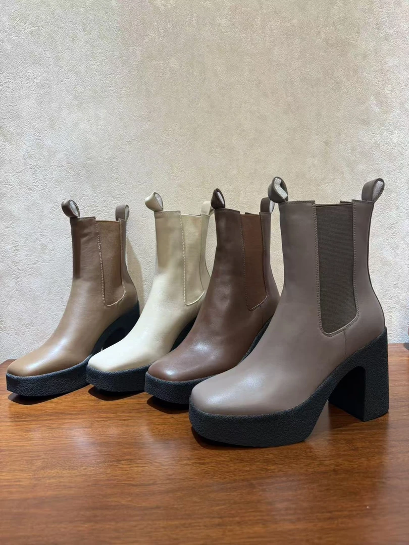 圆头增高短筒拼色轻便切尔西靴女鞋短靴秋冬