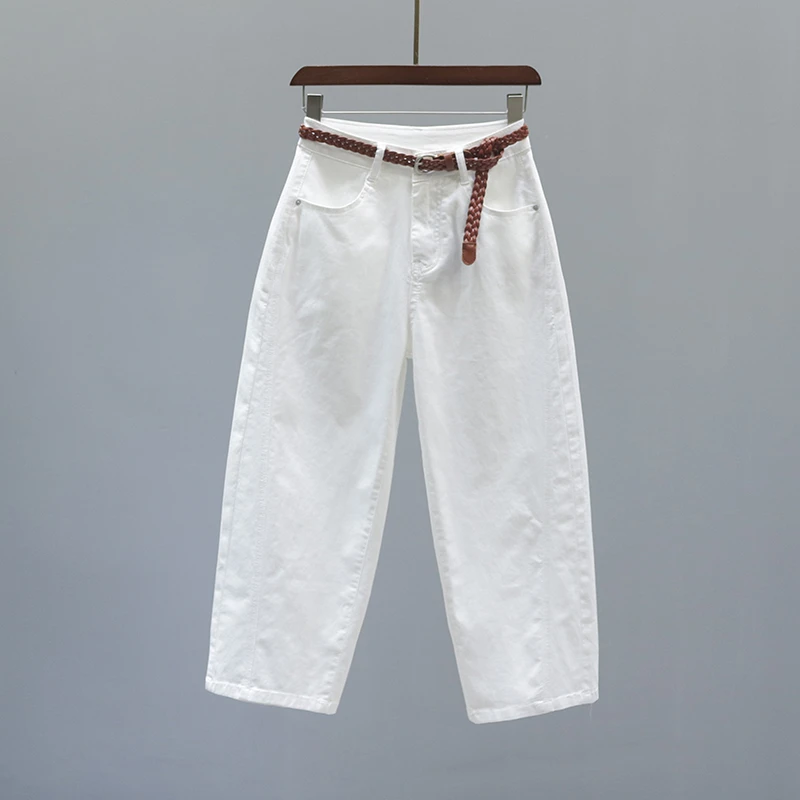 2025夏季新款白色高腰弯刀牛仔裤女简约宽松休闲八分阔腿镰刀裤子