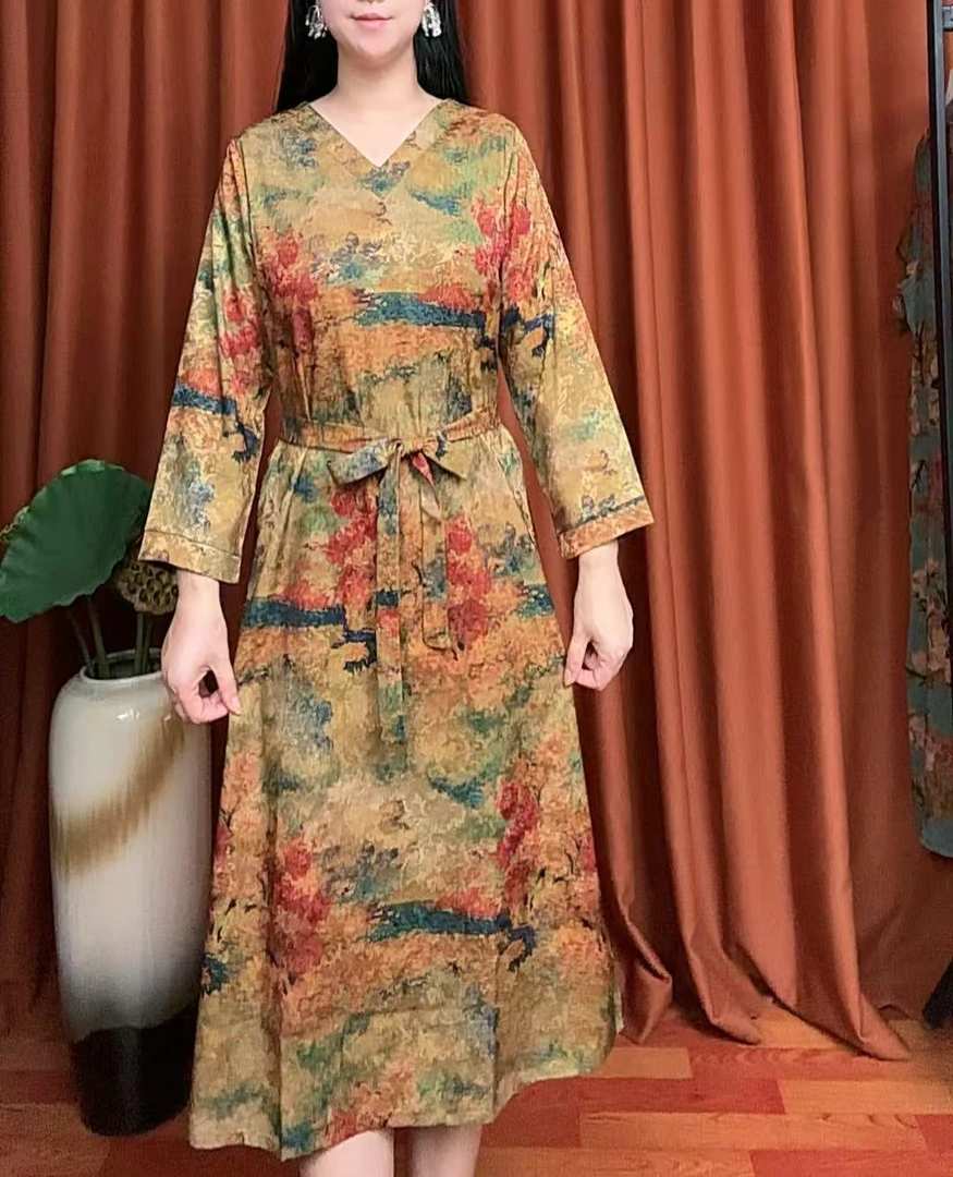 (古韵）气质简约提花时尚显瘦宽松中袖长款连衣裙