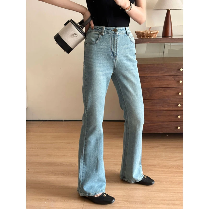 A Clip's/一个夹子 磨白中缝皮标高腰复古水洗浅蓝色牛仔微喇裤女
