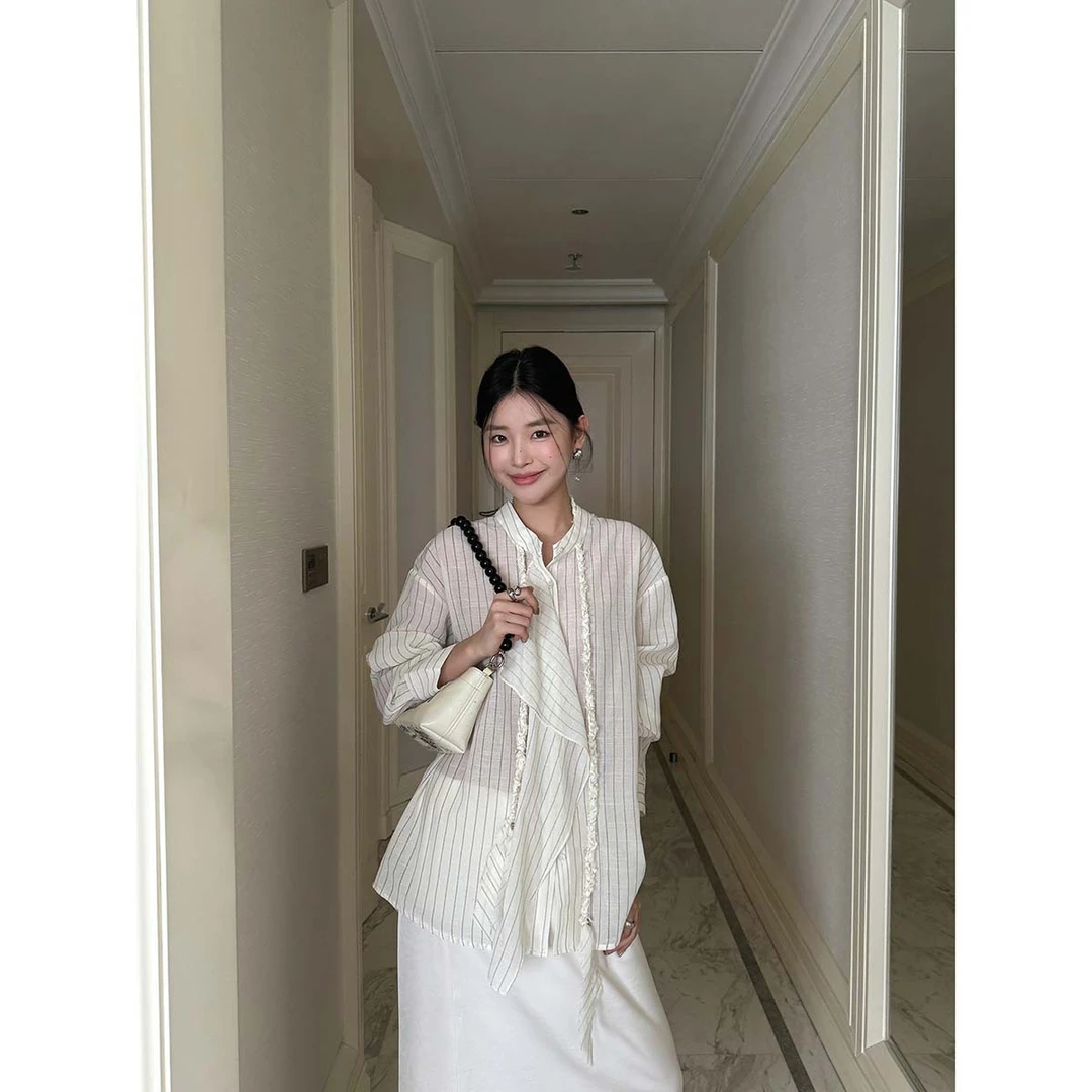 趋梦DT ETOLIE配编织贝壳绳 韩系松弛感立领宽松长袖条纹衬衫女秋