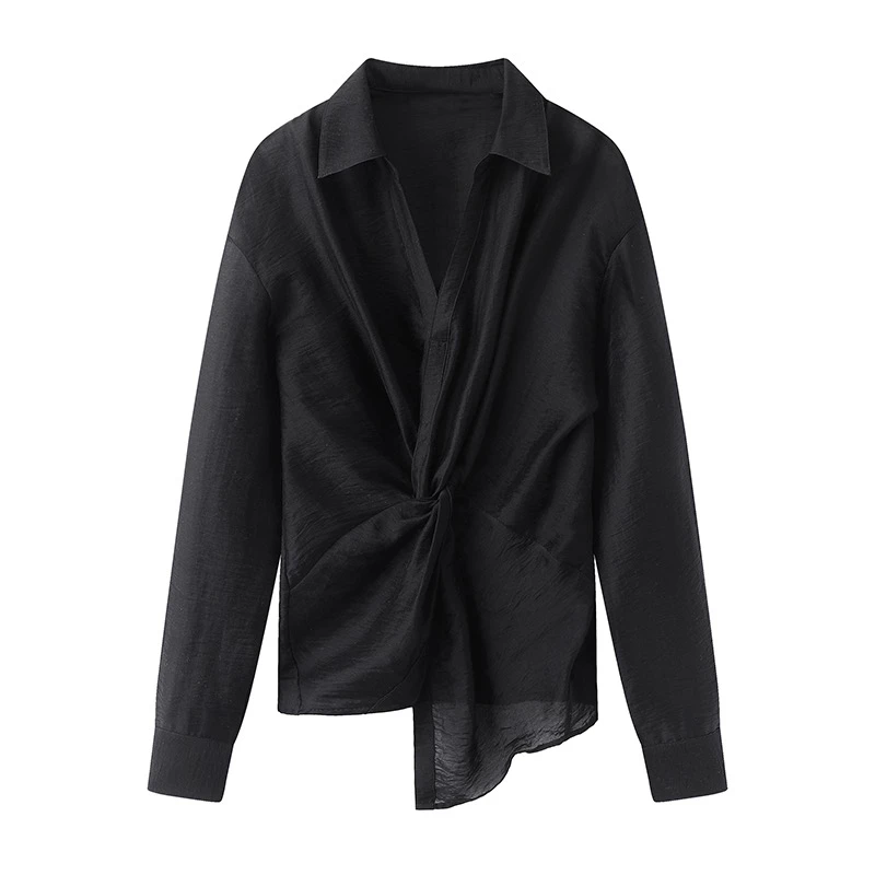 艾家衬衫女商场同款2025年春季新款女装百搭扭结长袖上衣5053