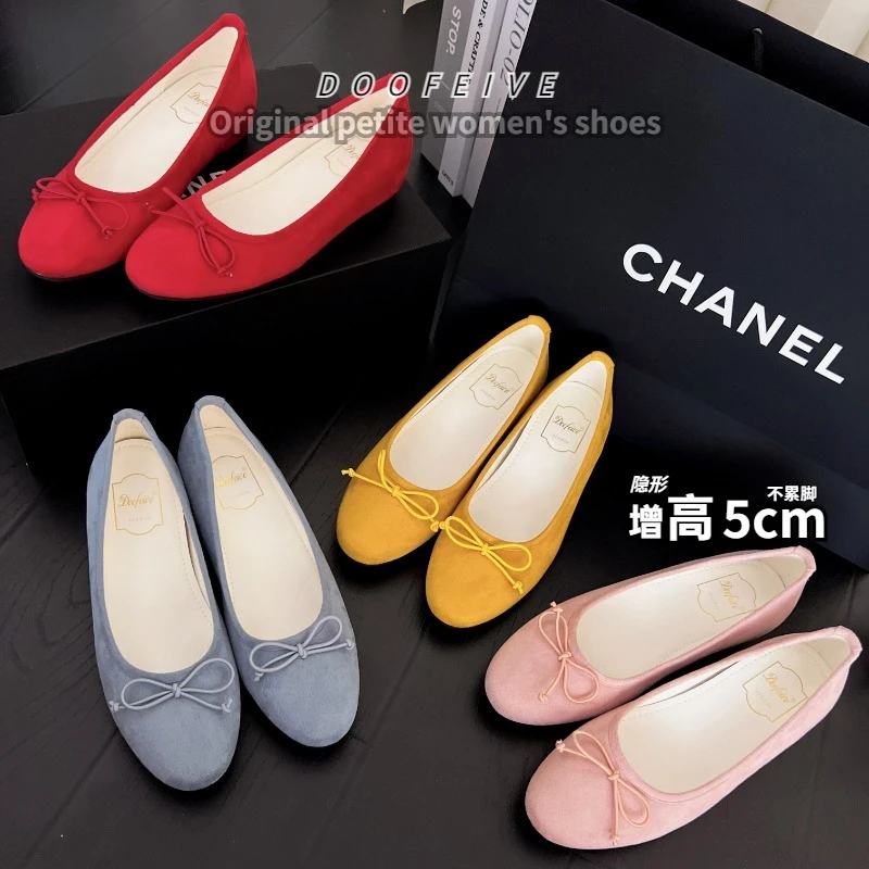 朵菲雯DOOFEIVE~欧若风平底圆头芭蕾鞋内增高5CM蝴蝶结浅口女单鞋