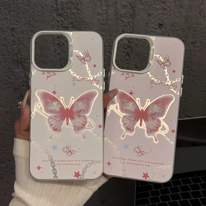 适用苹果16pro磨砂彩银14手机壳小众oppo华为p晕染蝴蝶防摔小米15