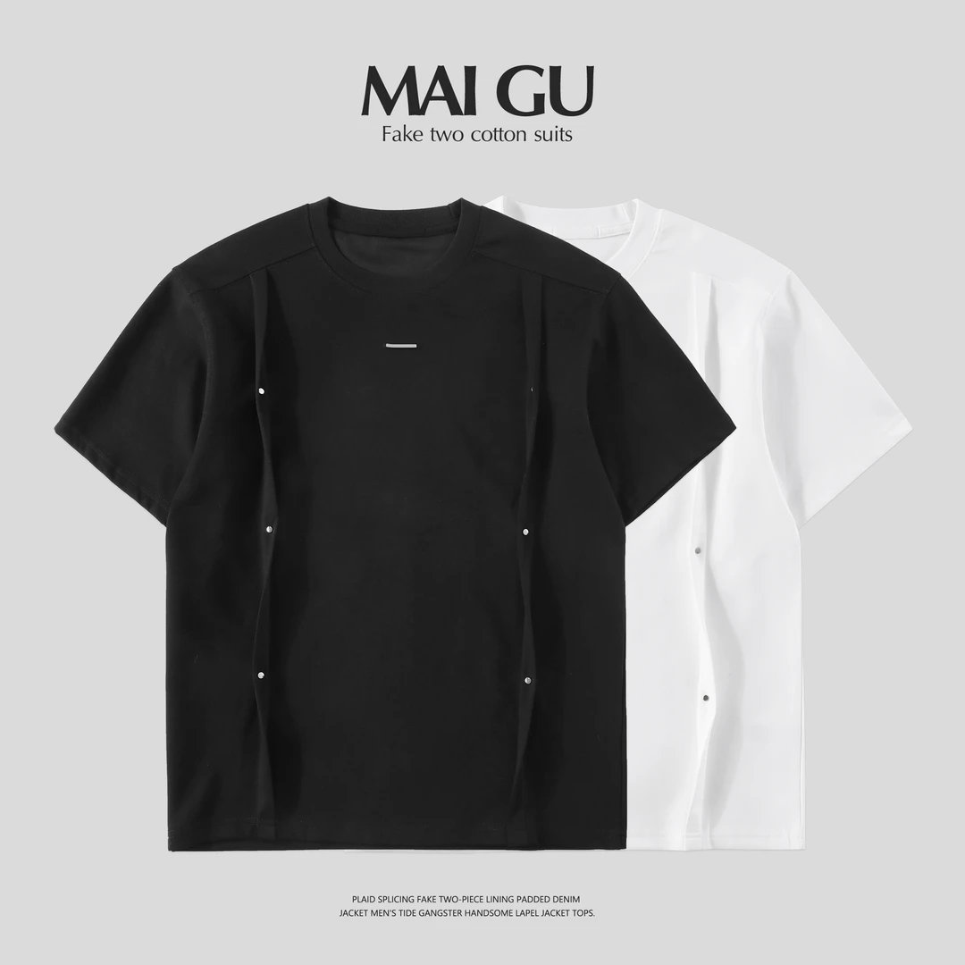 【MAIGU】夏季重磅铆钉设计时尚百搭休闲轻奢圆领冰感棉短袖T恤