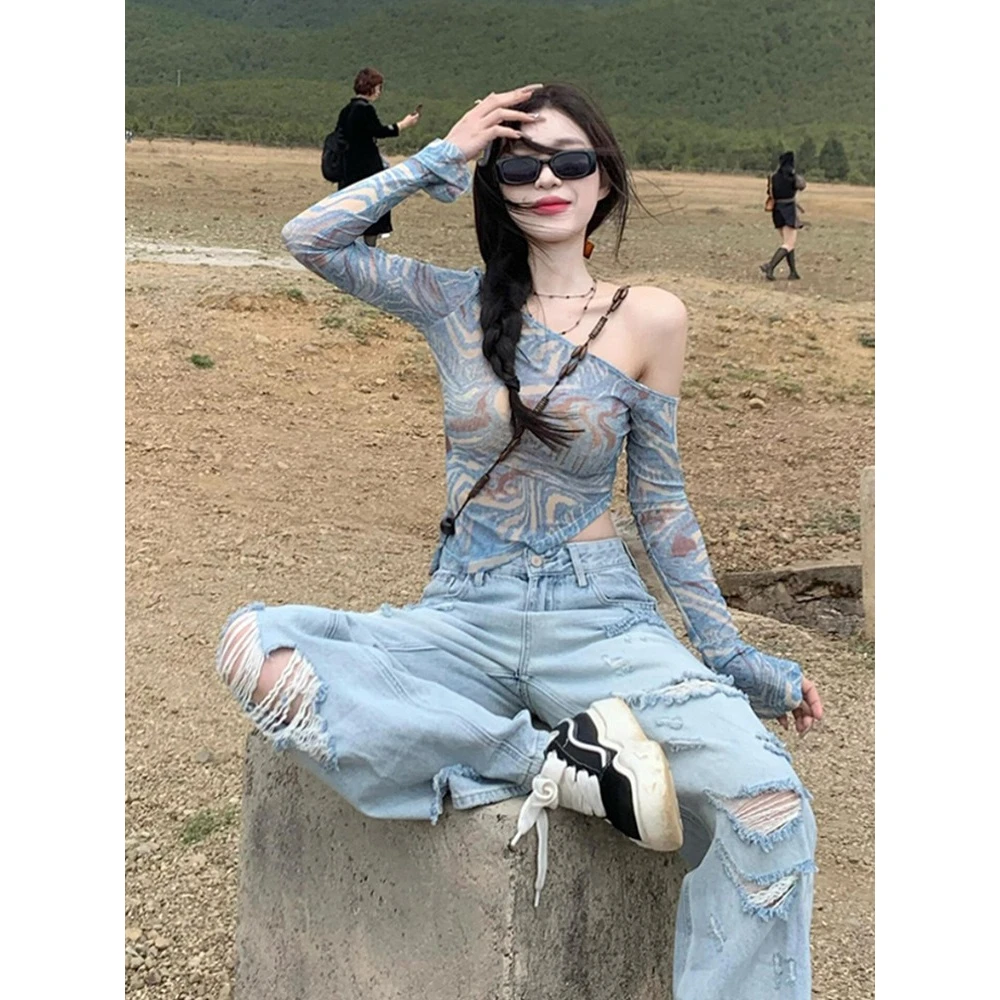 美式防晒衫小众修身t恤女露肩夏季不规则辣妹网纱罩衫长袖设计感