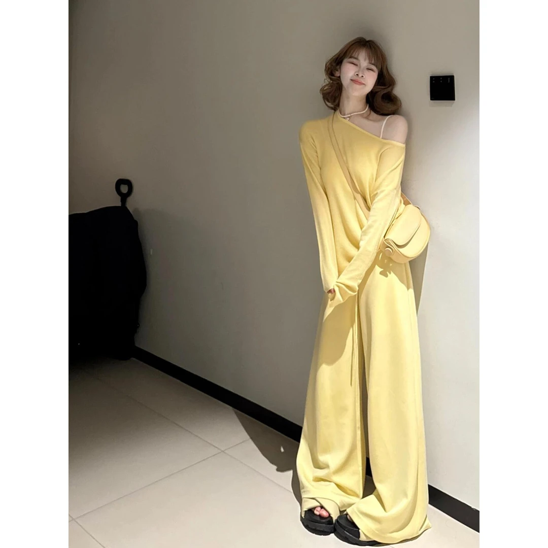 时髦设计感斜肩长袖上衣2025秋季新款高腰显瘦慵懒风阔腿裤套装女