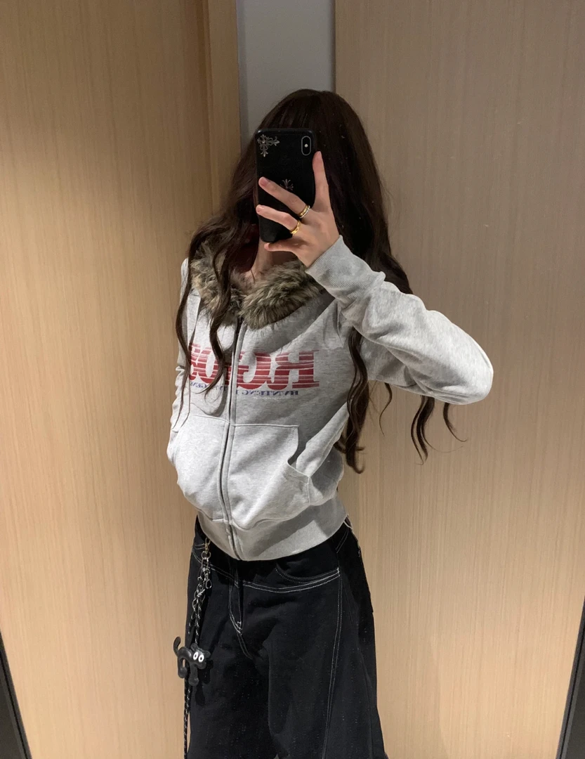 【美式学姐】超扎实毛领!!美式修身显瘦设计款上衣