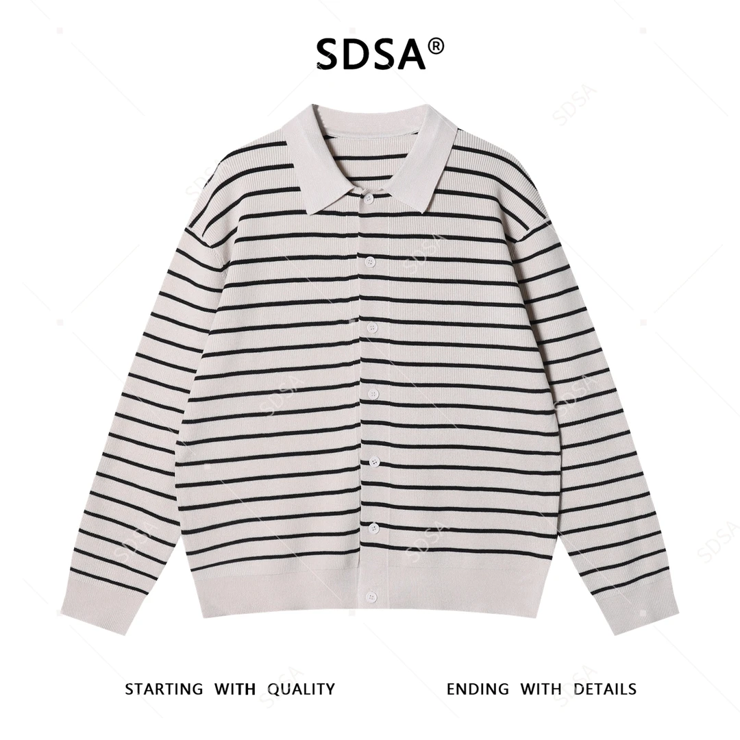SDSA男士秋冬新款痞帅男装时尚简约撞色条纹翻领纽扣开衫针织毛衣