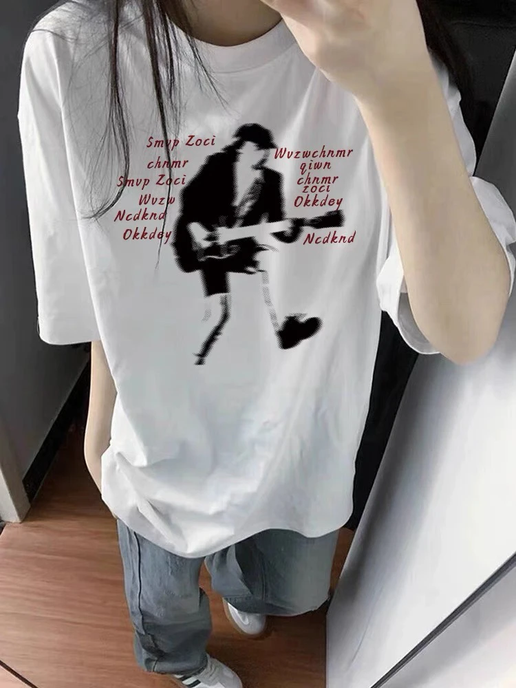 美式高街人物白色设计感纯棉短袖t恤女2025宽松潮牌情侣款上衣男