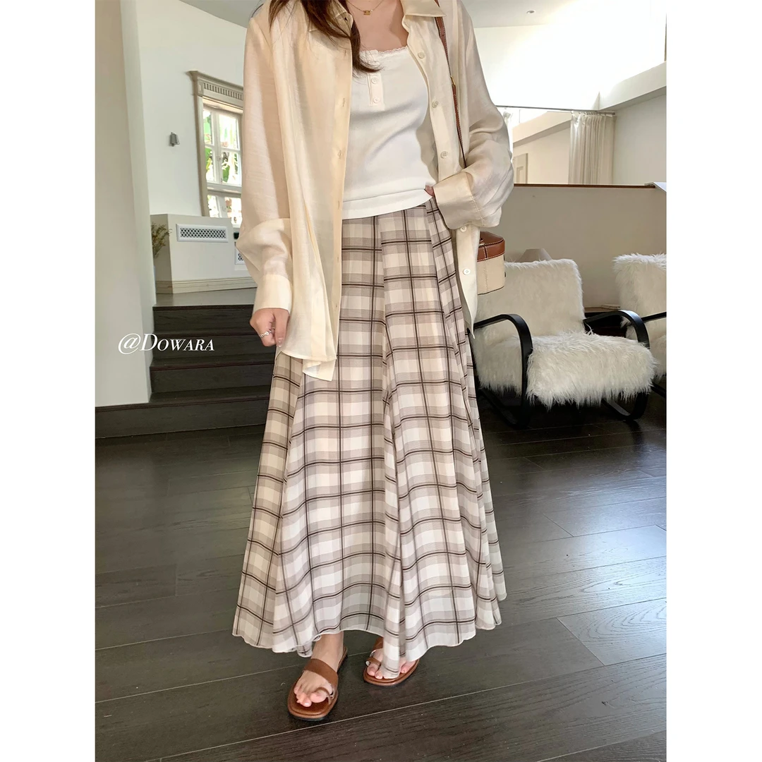 现货大婉酱微胖定制春夏美式半身裙设计感休闲格纹中长裙子 9016D